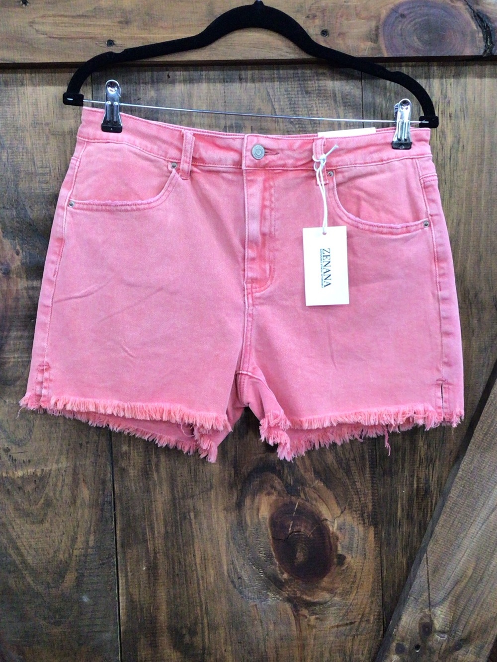 Zenana Outfitters Coral Pink Frayed Hem Denim Shorts